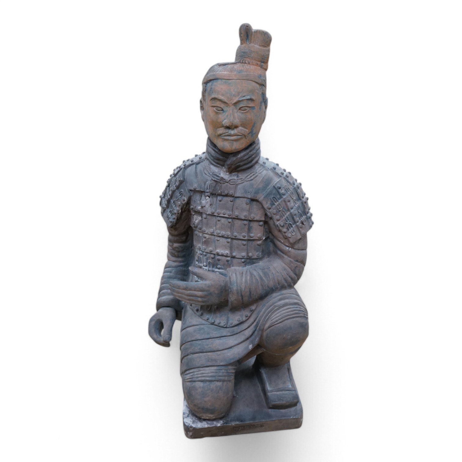 A large Chinese pottery figure of a kneeling warrior/soldier, 53cm high. Condition - good